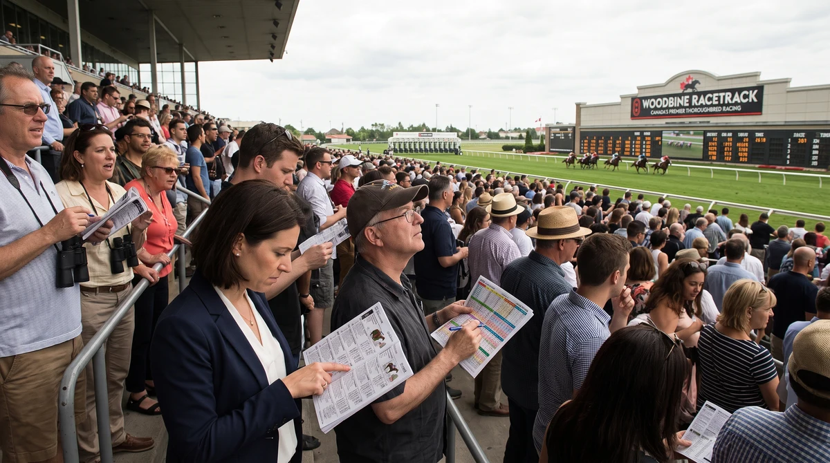 Racegoers review pari-mutuel betting information at Woodbine Racetrack during a major horse-racing event.