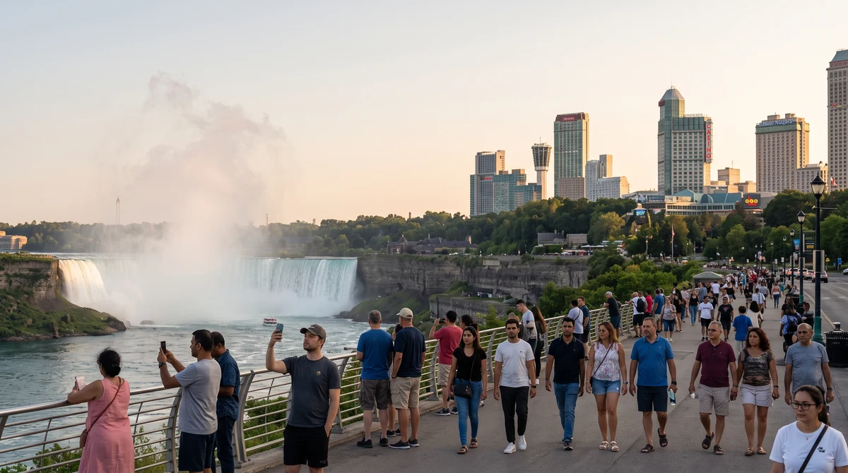 Niagara Falls tourism district with casino resorts and hotel towers near the falls