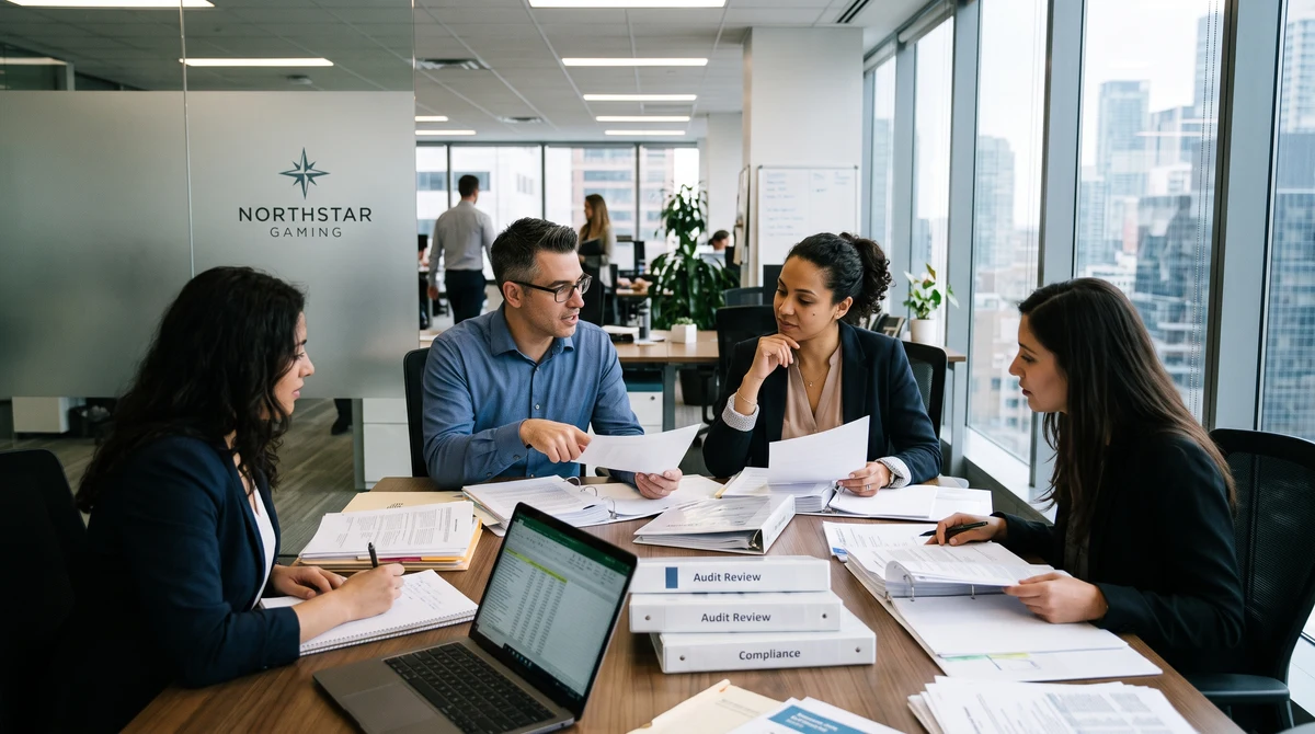 Corporate finance team reviewing audit and compliance documents in a Toronto office