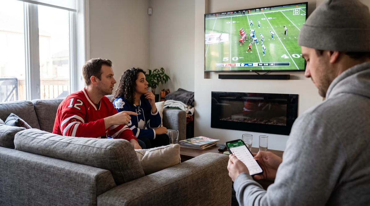Adult sports fans watch a live game while one person checks scores on a smartphone during a second-screen viewing experience.