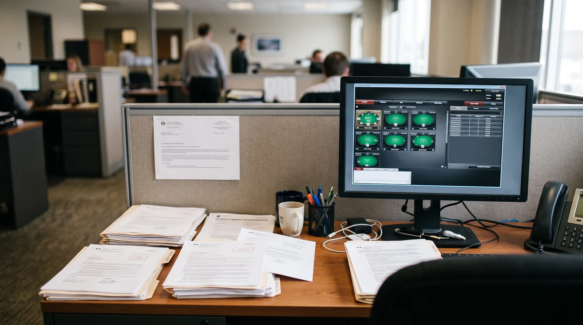 Gaming registration documents beside a generic online poker interface in an Alberta regulatory office