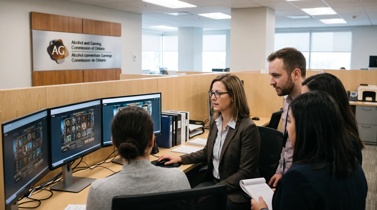 Compliance staff reviewing an online slot game during an Ontario regulatory audit