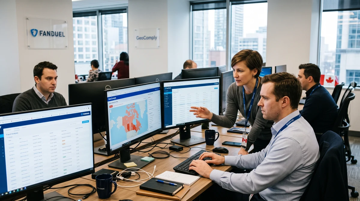 Compliance professionals review location and fraud alerts in a Canadian technology office.