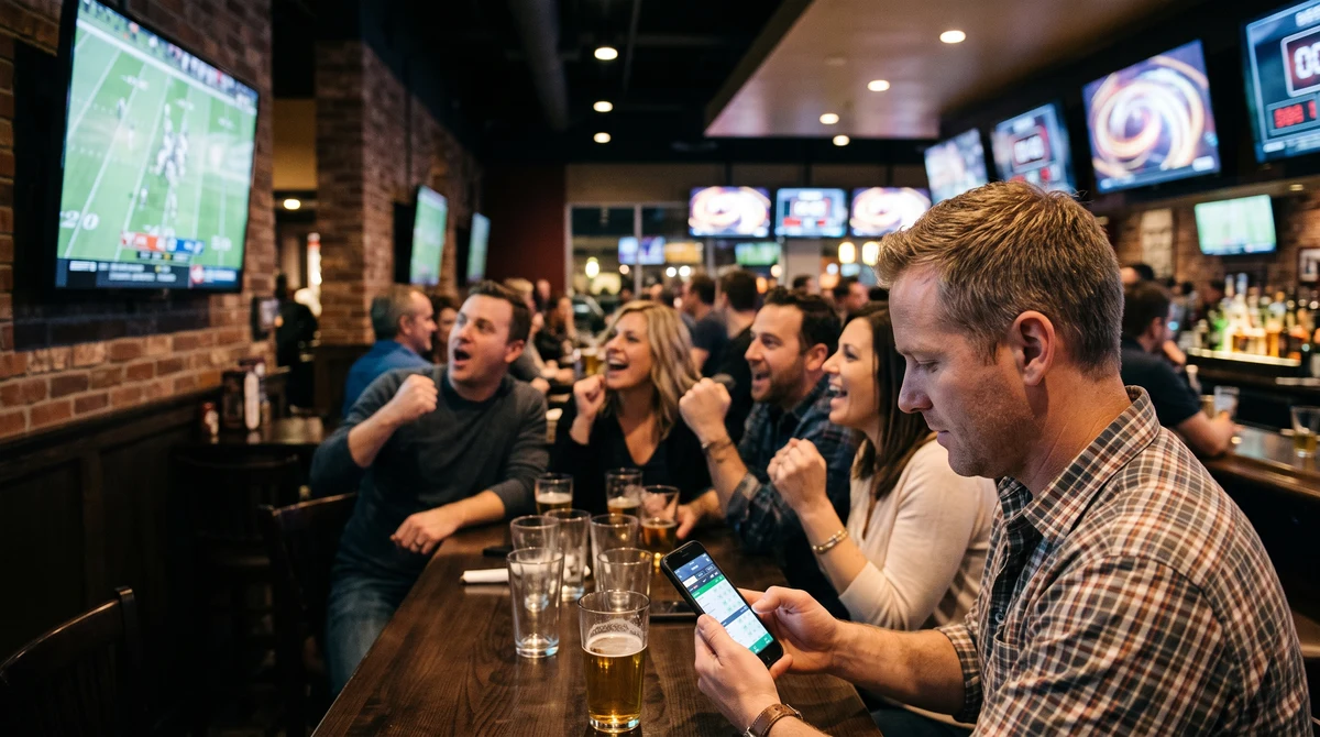 Adults watching a football match while checking sports wagering information on a smartphone