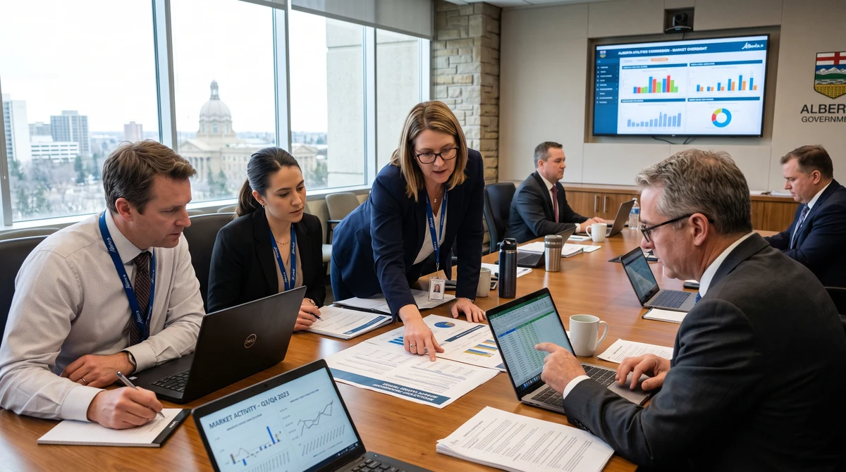 Regulators review online gambling market data and compliance documents in an Alberta government office.