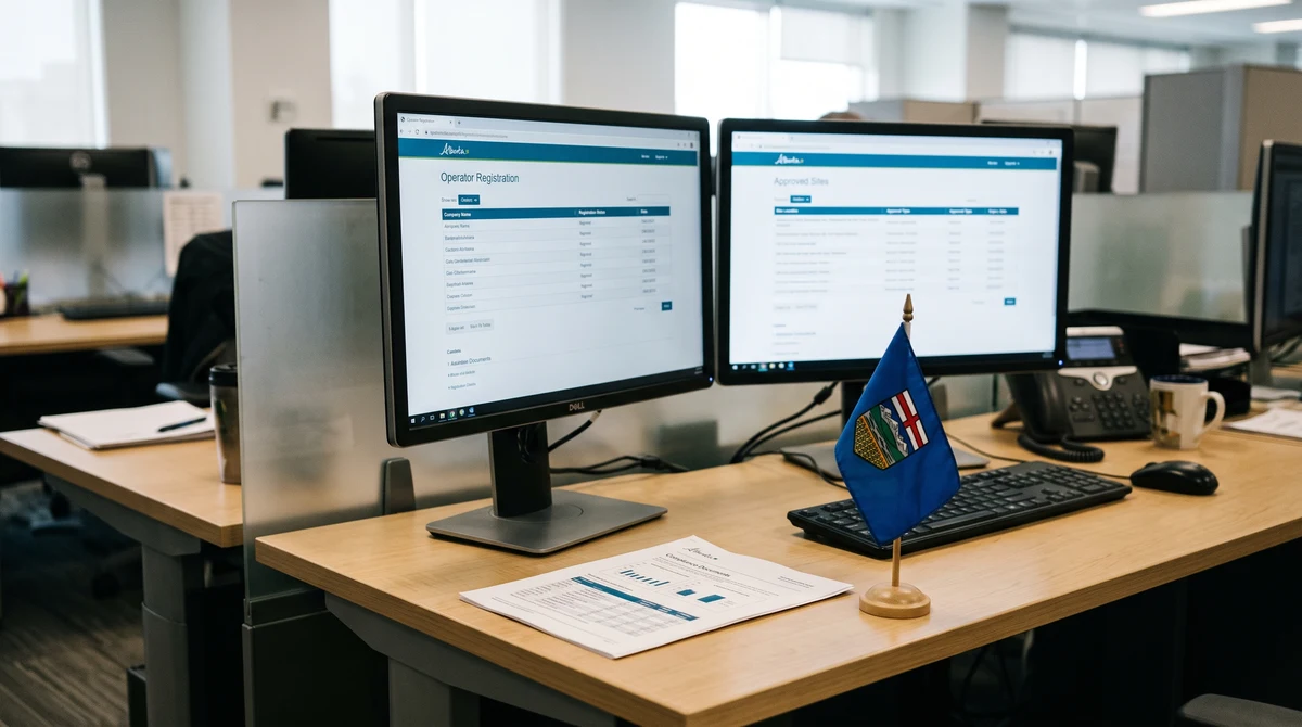A government compliance workstation showing separate operator registration and approved iGaming site directories in Alberta.