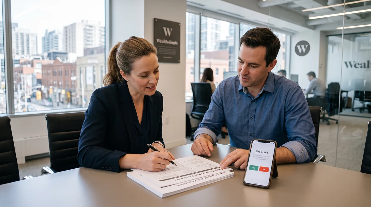 Financial compliance professionals review event-contract risks beside a trading app in a Canadian bank office.