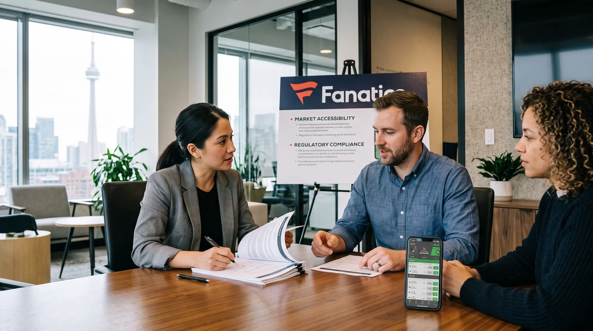 Gaming industry professionals review Ontario licensing documents beside a smartphone displaying a neutral sports betting interface.