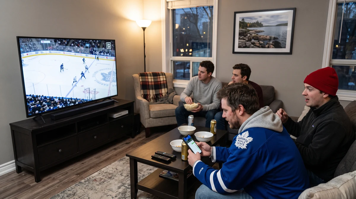 Sports fans watch a game on a DAZN television stream while using a separate smartphone for betting in a Canadian home.
