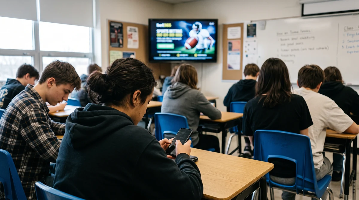 Non-identifying secondary-school students using smartphones near a blurred sports-betting advertisement in an Ontario classroom