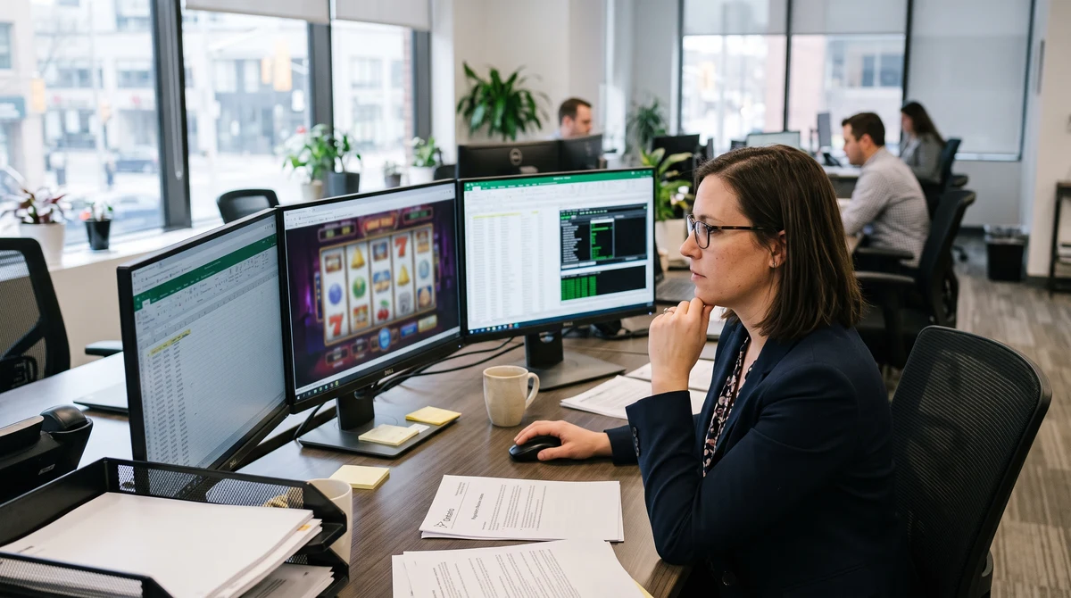 Compliance professional reviewing online slot-game software during an Ontario regulatory audit