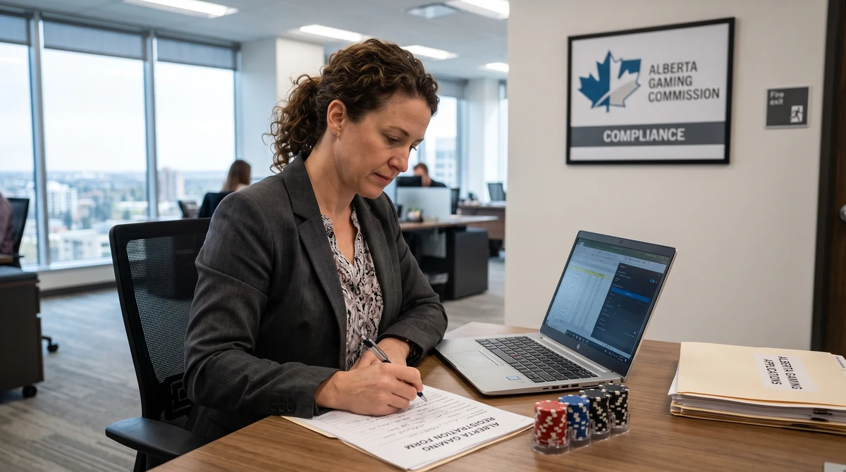 Regulatory documents and poker chips during an Alberta gaming compliance review