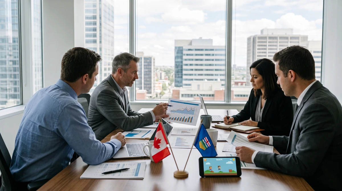 Business executives review financial charts beside a smartphone displaying a generic online gaming platform in an Alberta office.