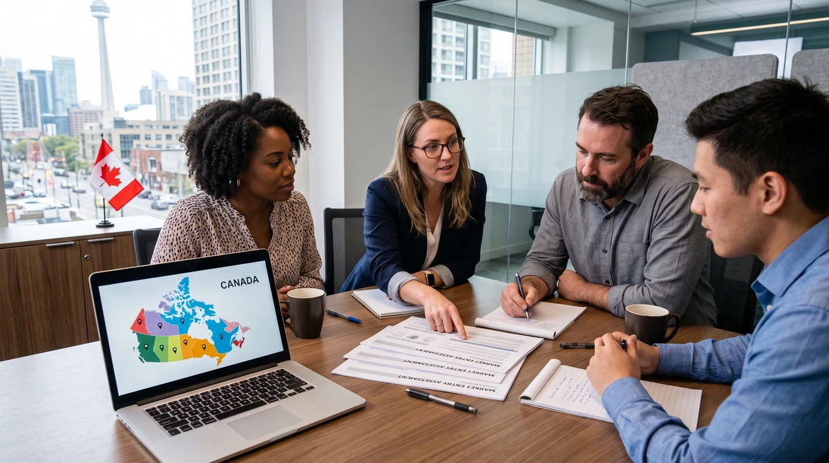 Business team reviewing plans for a Canadian online gaming market entry