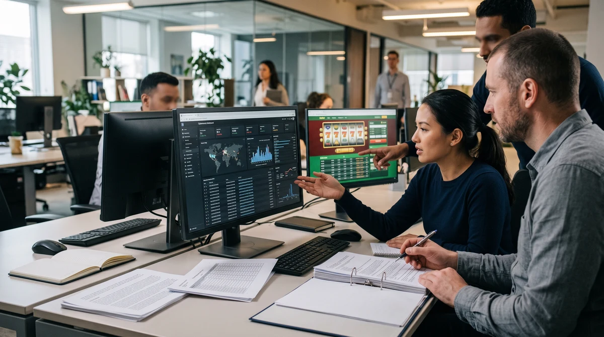Gaming technology professionals reviewing online casino software and regulatory compliance documents
