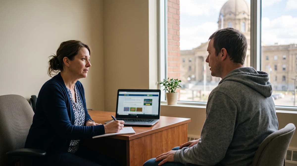 A counsellor speaks with an adult client in an Alberta outpatient treatment office near a laptop showing a generic online gambling interface.