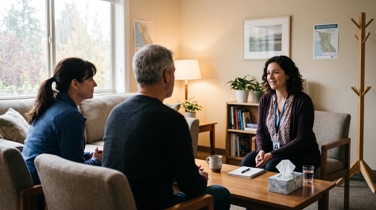 Healthcare professionals providing support in a gambling treatment counselling room