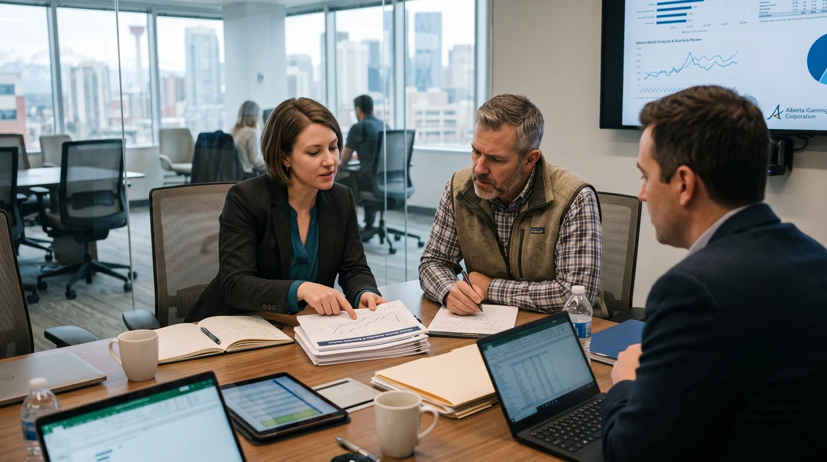 Technology and compliance professionals review financial results and Alberta iGaming market documents in a Canadian office.