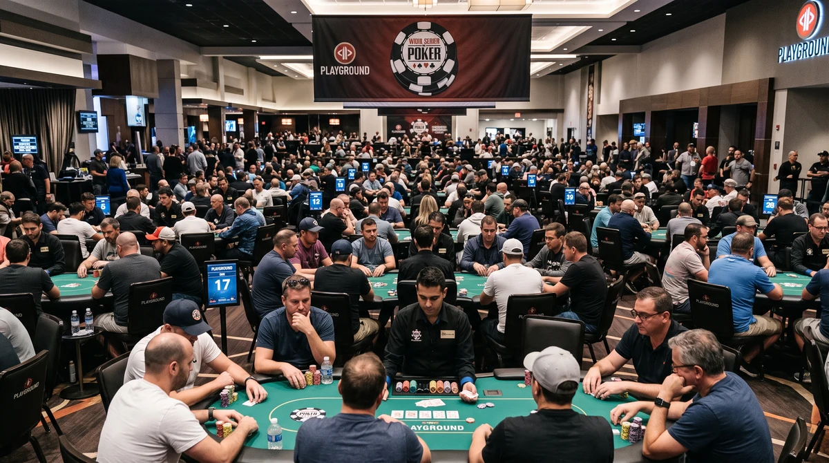 A live poker tournament with dealers, players, and chip stacks inside a gaming venue in Kahnawà:ke.