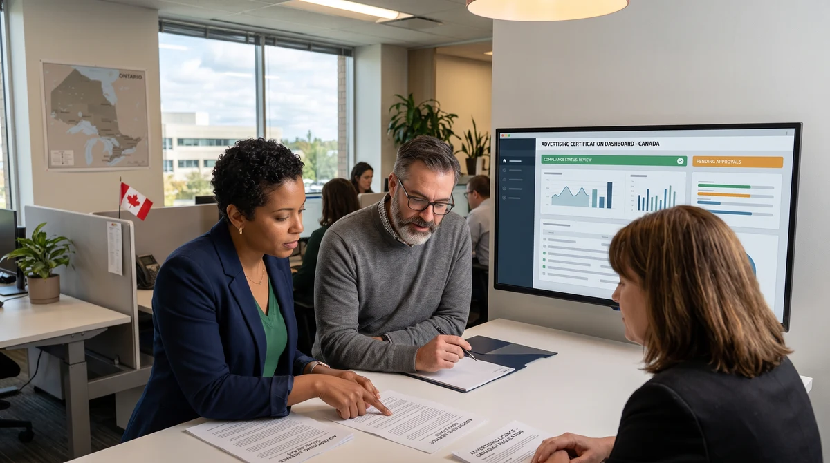 A compliance team reviews gambling advertising licence documents and digital certification requirements in a Canadian office.