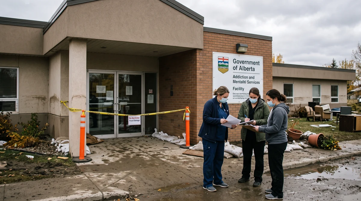 Healthcare workers inspect an Alberta addiction treatment facility affected by flood damage.