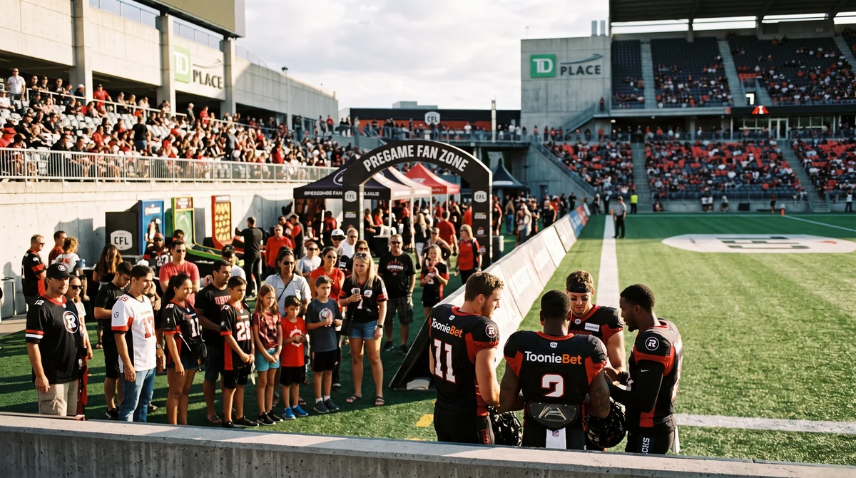 Fans gather at a Canadian football stadium near a pregame activation featuring ToonieBet branding.