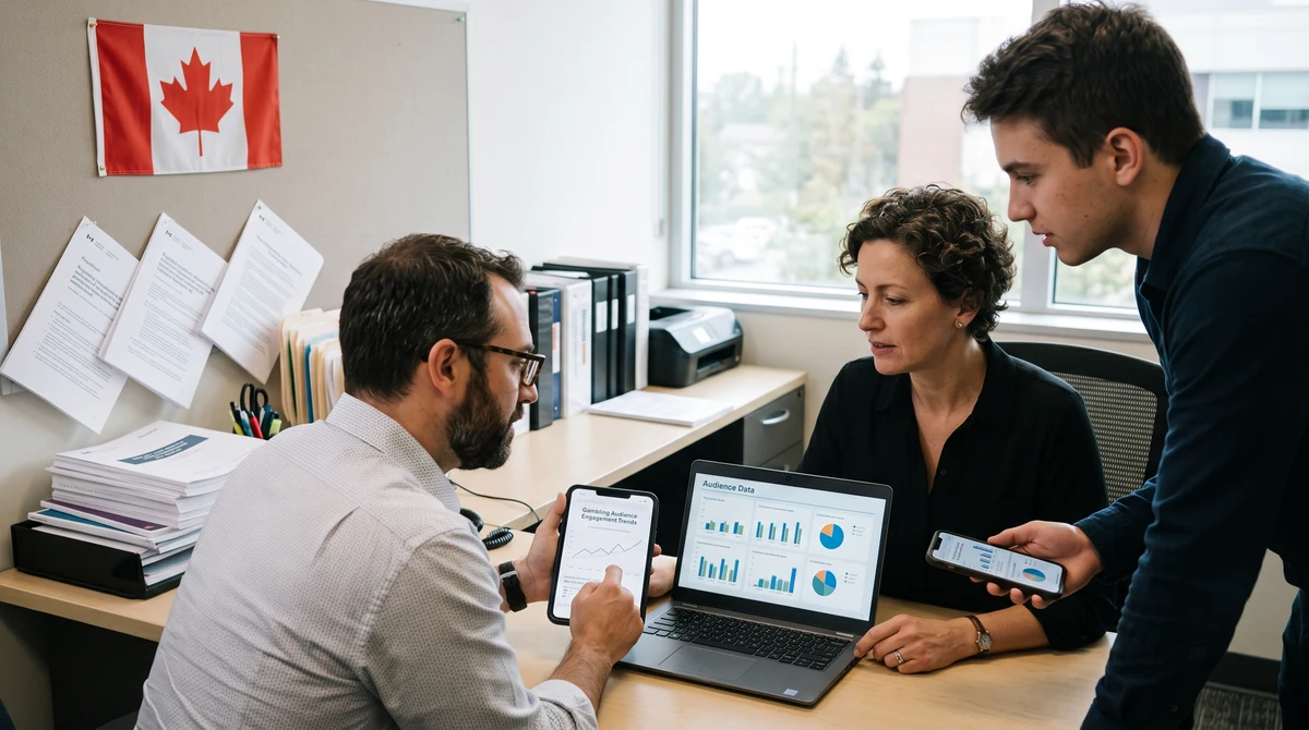 Adults reviewing Canadian gambling audience data on smartphones and a laptop in a research office