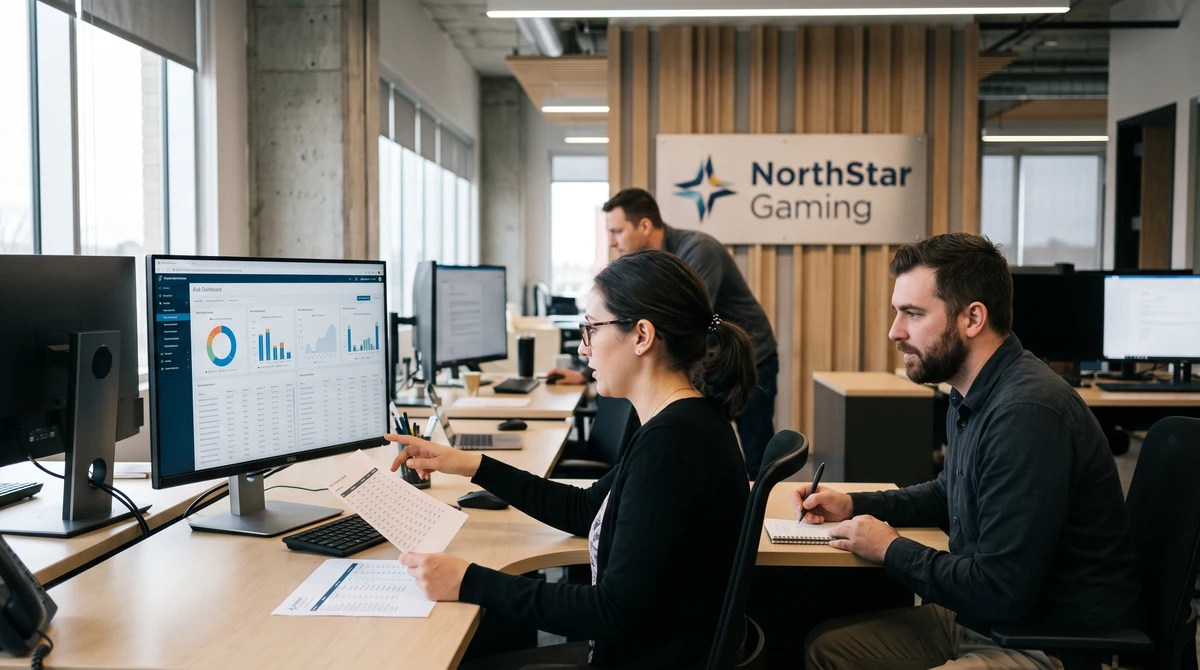 Compliance professionals reviewing anonymized online gaming transaction records during an Ontario regulatory inspection.