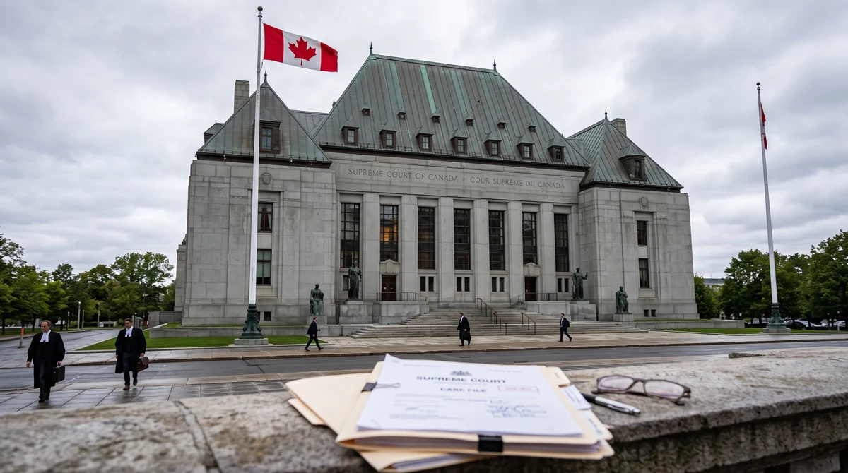 Canada’s Supreme Court building in Ottawa with the Canadian flag and legal documents representing a case about Ontario’s online gaming rules.
