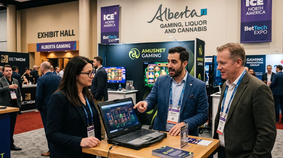 Gaming industry professionals review online casino software at a Canadian regulatory and business conference.
