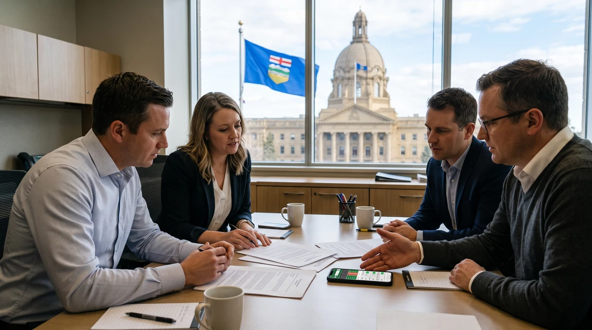 Adults reviewing online gambling regulation documents beside a smartphone in an Alberta government-style office, with the Alberta flag and legislature visible.
