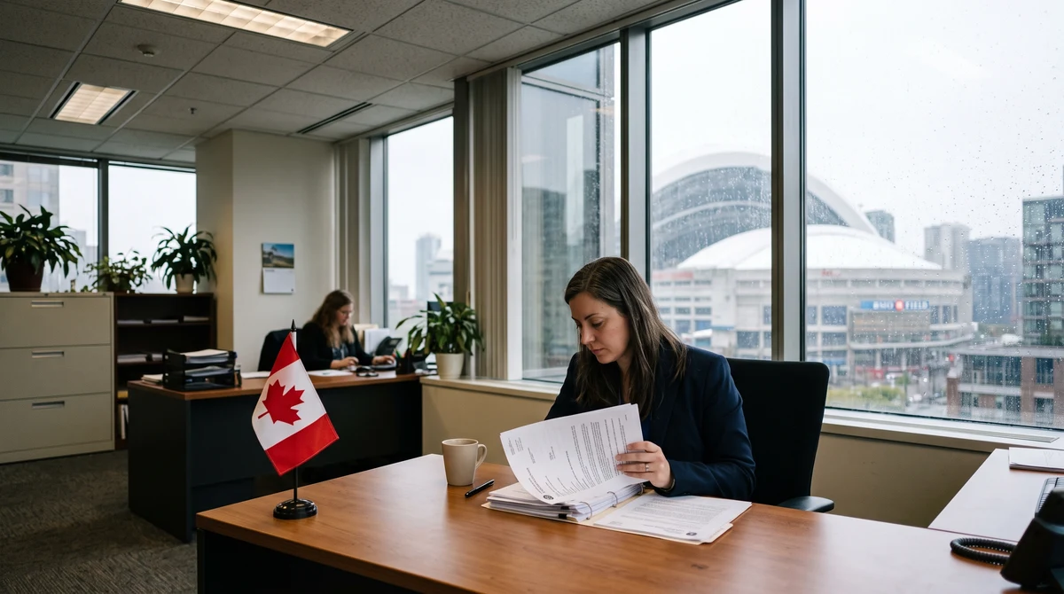 Regulatory documents about sports prediction contracts beside a Canadian flag and a blurred sports stadium.
