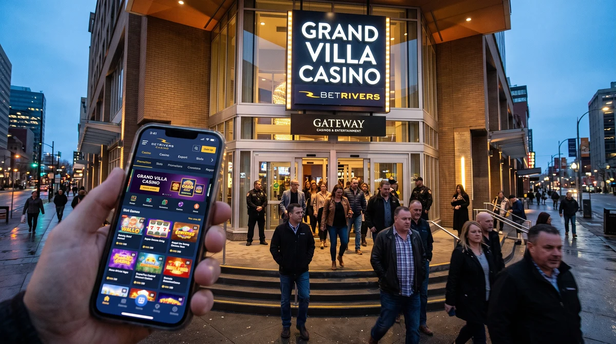Edmonton casino entrance beside a smartphone representing the BetRivers and Gateway Casinos partnership