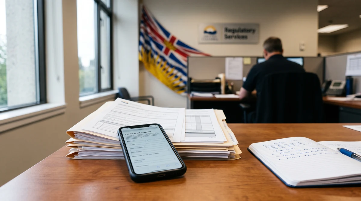 A smartphone showing a generic sports event contract beside regulatory paperwork in a British Columbia government office.
