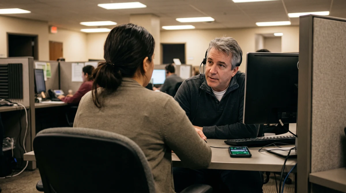 An adult speaks with a counsellor in a support call centre beside a smartphone displaying a blurred betting interface.