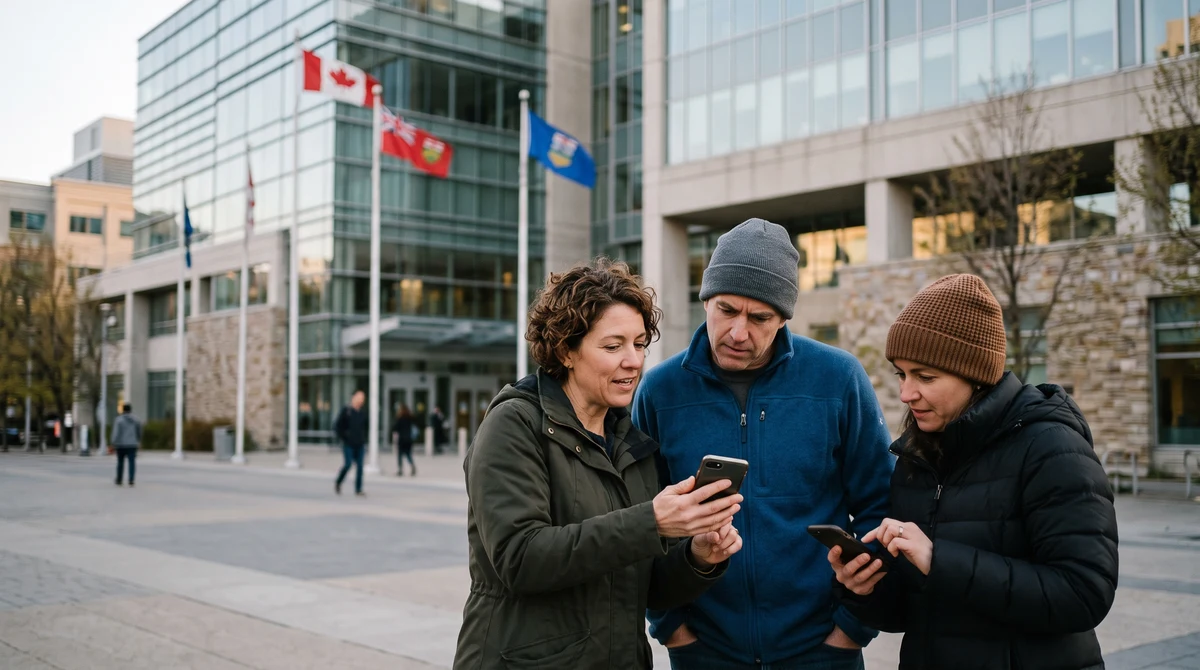 Adults reviewing sports-betting regulations on smartphones outside a Canadian provincial government building.