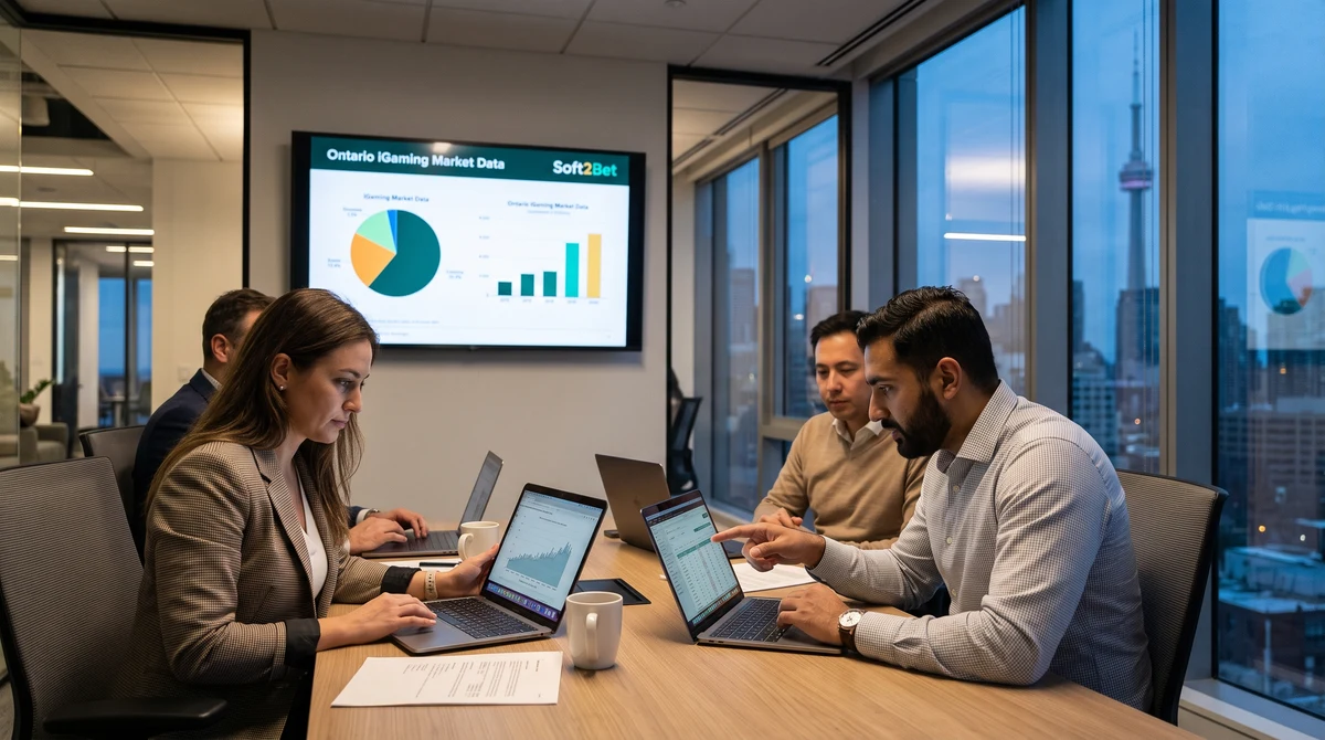 Business professionals reviewing Ontario iGaming market data with a Soft2Bet logo on a presentation screen