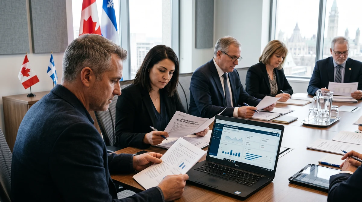 Officials reviewing online gambling regulation documents beside a responsible gambling dashboard in a Canadian government office.