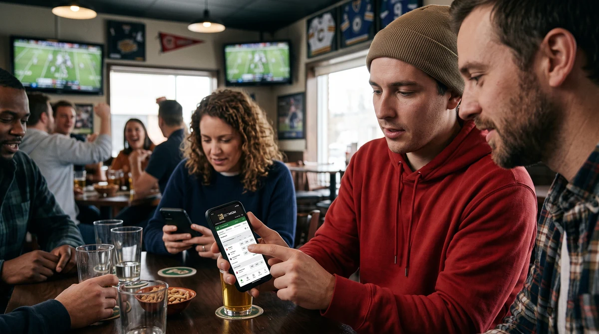 Adult football fans viewing live sports analytics on a sportsbook app in a Canadian sports bar.