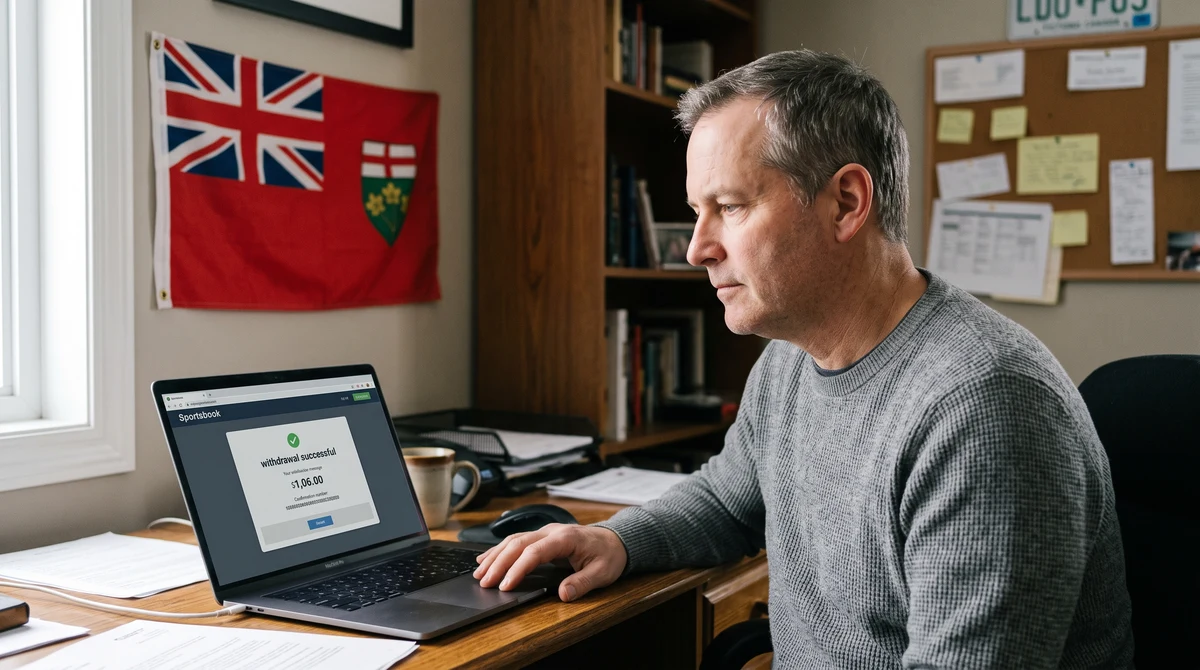 A customer reviews an online betting account withdrawal screen beside a provincial flag.
