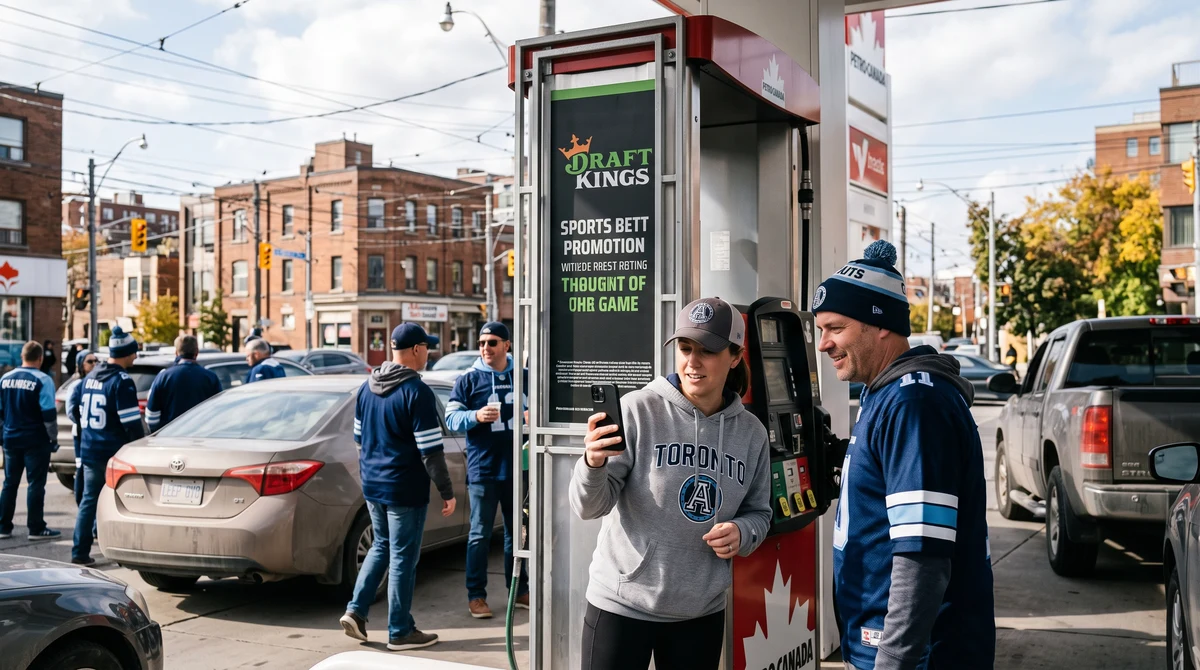 Adult football fans at a Canadian gas station during a DraftKings free-fuel promotion.