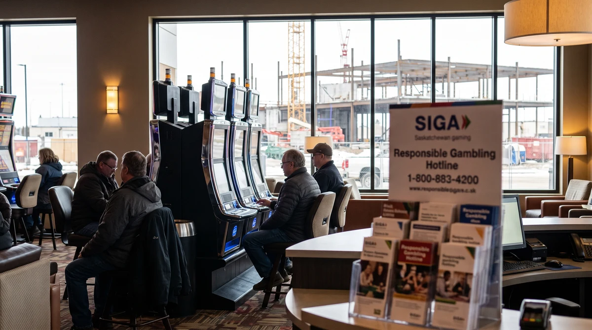 Modern Saskatchewan gaming-centre interior with slot machines and responsible-gambling information near a community development site.