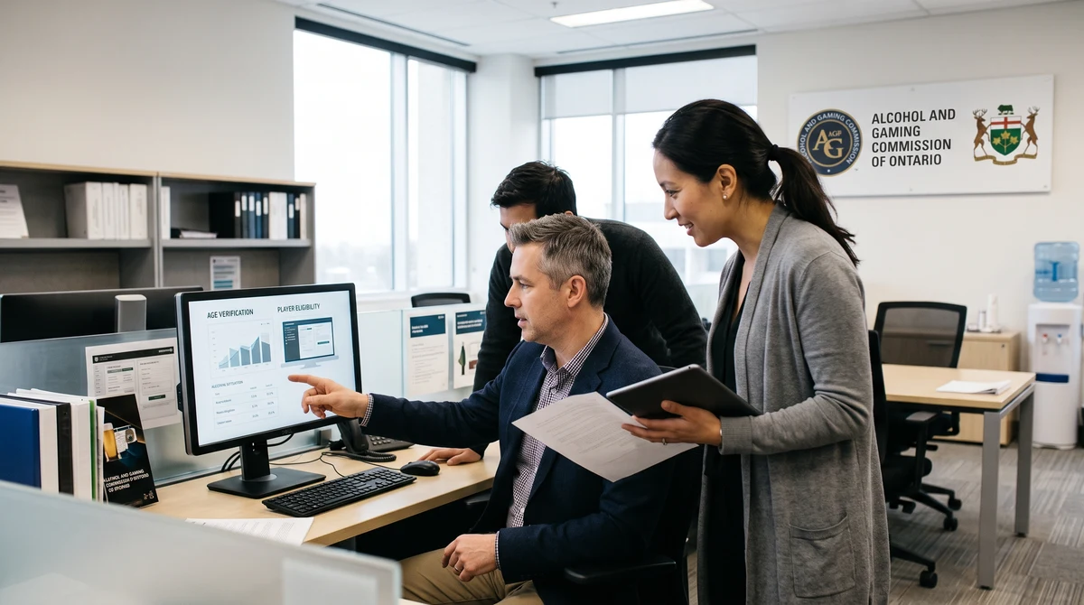 Adult compliance professionals reviewing online gambling age-verification controls in an Ontario regulatory office.
