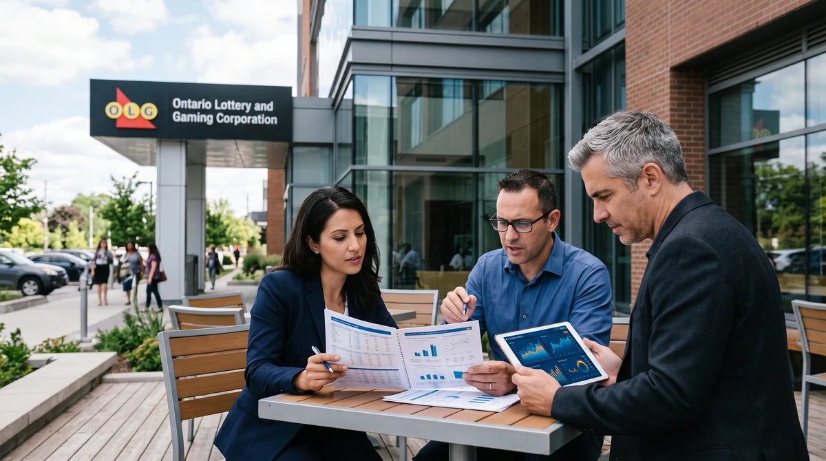 Adults review financial charts near an OLG-branded office building in Ontario.