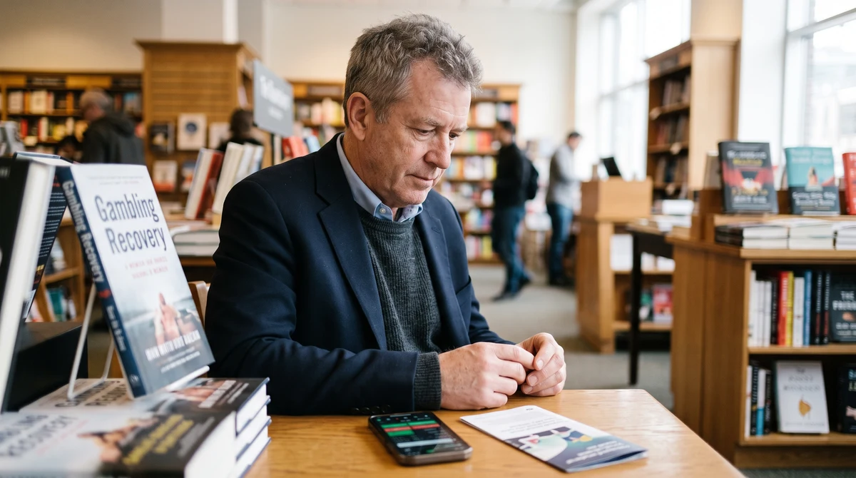 A Canadian broadcaster stands beside a memoir and responsible-gambling information in a Toronto bookstore.