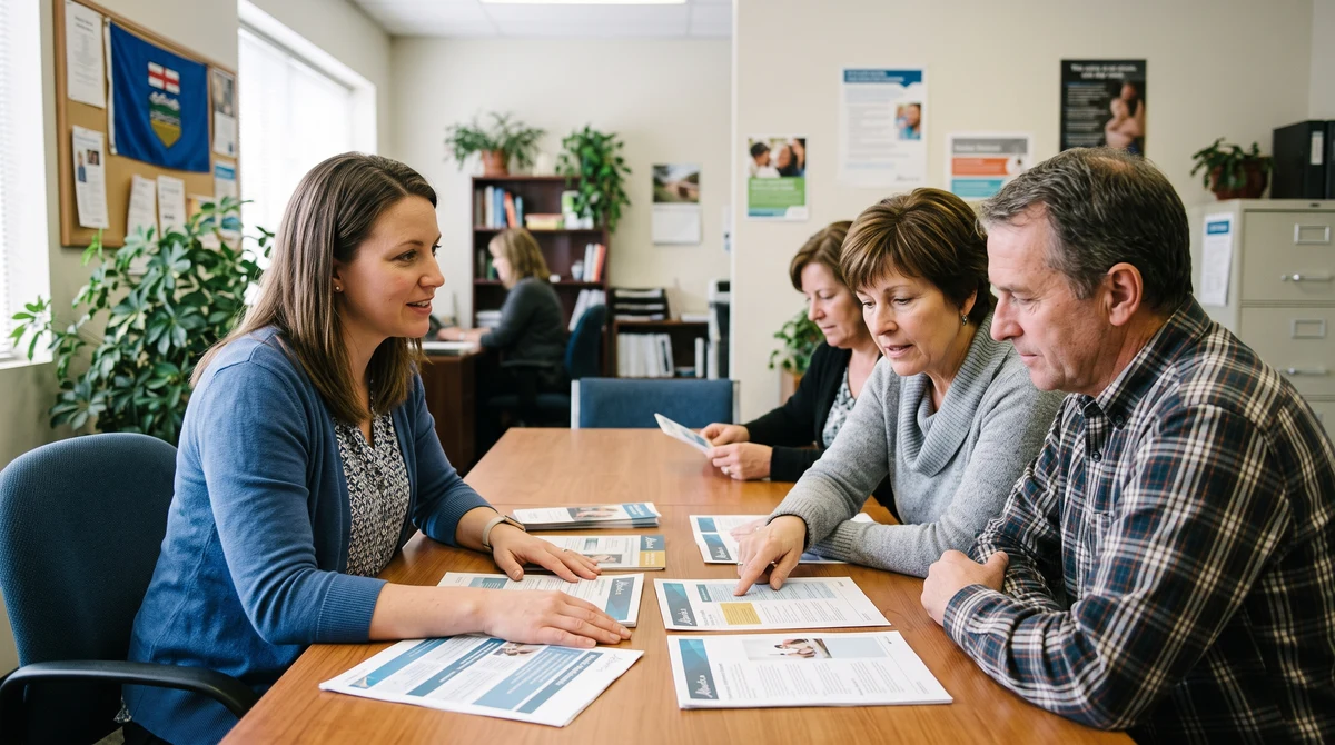 Adults discuss gambling-treatment services with a counsellor in an Alberta community health office.