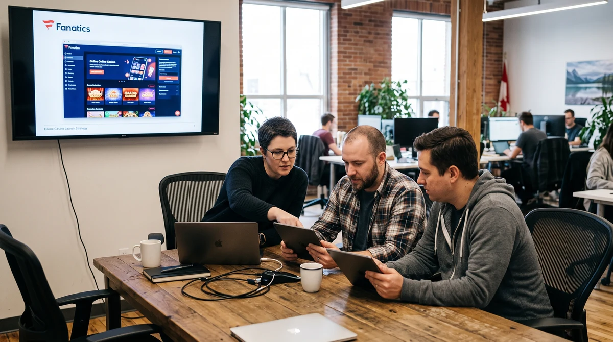 Gaming industry professionals review an online casino launch in a Canadian office.