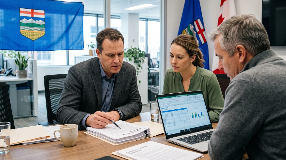 Adults reviewing online gaming compliance documents beside a laptop in an Alberta office.