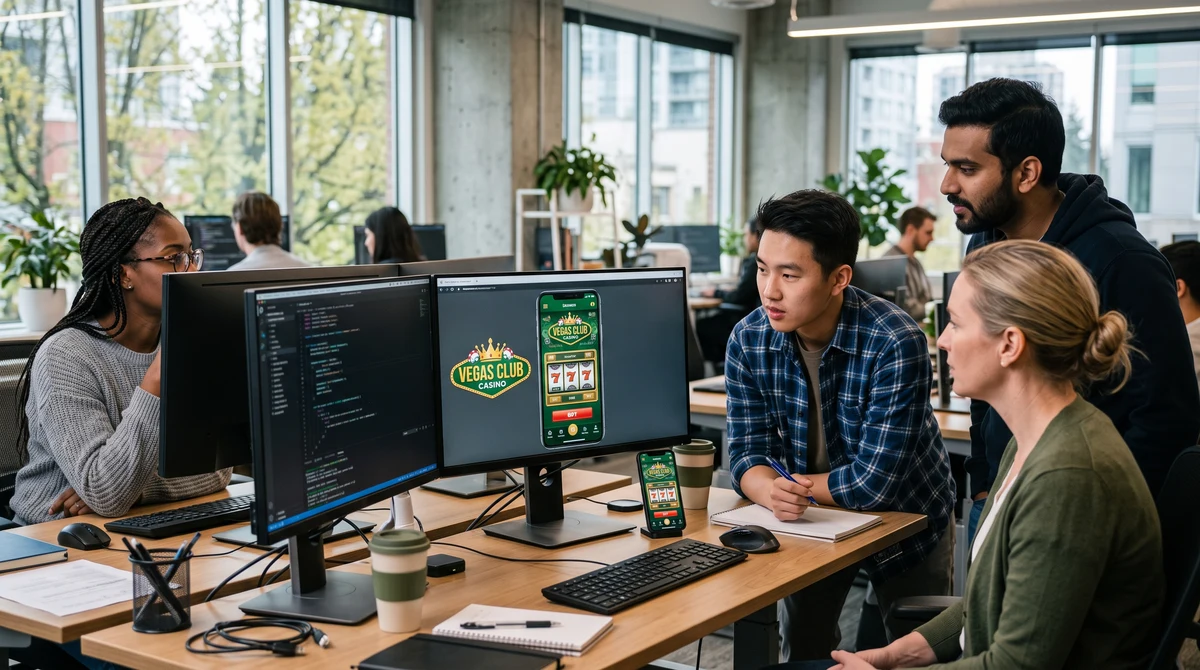 Software developers review a mobile iGaming application for a casino brand entering Alberta’s regulated market.