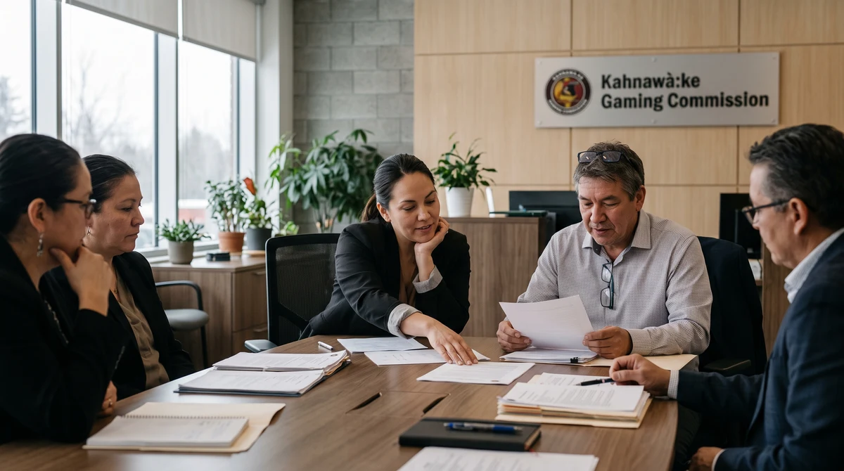 Commissioners review official documents during a Kahnawà:ke community governance meeting.